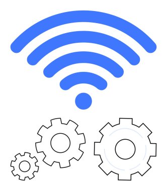 Kablosuz sinyal simgesi, birbirine kenetlenmiş üç vites üzerinde bağlantı, teknoloji ve otomasyon tasvir ediyor. Teknoloji, yenilik, IOT, akıllı sistemler, mühendislik, kablosuz iletişim için ideal basit