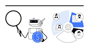 Robot elinde büyüteç ve para tutuyordu. Kullanıcı avatarları ve belgeleriyle pasta grafiğini analiz ediyordu. Finans, yapay zeka araçları, analitik, araştırma, otomasyon, yenilik, veri içgörüleri için idealdir. Düz