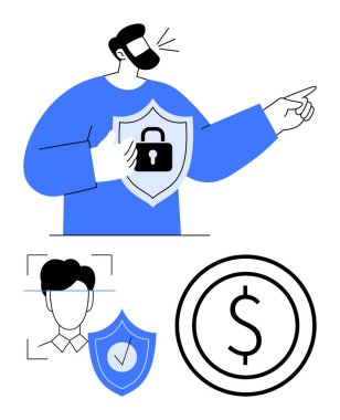 Kilit kalkanı, biyometrik tanımlama ve para birimi sembolü ile güvenlik veri yönetimini vurgulayan kişi. Çevrimiçi güvenlik, kimlik doğrulama, siber güvenlik, finans, fintech, gizlilik için ideal