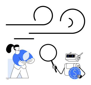 Çevre dostu yaprak sembolü elinde büyüteç ve para analizi yapan bir robot. Yenilenebilir enerji, sürdürülebilirlik, eko-dostluk, teknoloji, otomasyon, araştırma için ideal