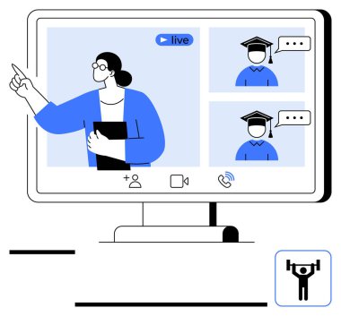 Öğretmen, mezuniyet şapkalı öğrencilere canlı yayın yoluyla ekranda talimat veriyor. Eğitim, e-öğrenme, eğitim, uzaklık öğrenme, iletişim, ağlar, sanal sınıflar için idealdir. Düz basit