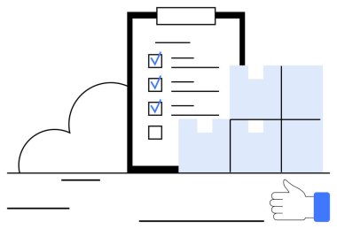 İşaretli görevleri olan kontrol listesi, istiflenmiş paketler ve sıralamayı sembolize eden baş parmak hareketi. Lojistik, verimlilik, görev yönetimi, envanter, takım çalışması e-ticaret akışı için ideal. Düz