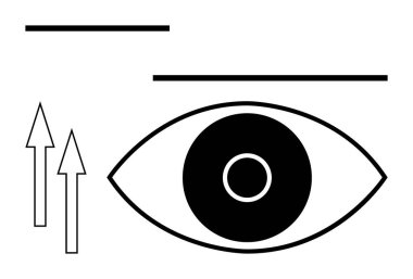 Şekil verilmiş siyah-beyaz göz, eş merkezli daireler, yukarı doğru iki ok ve yatay çubuklar. Görme, odaklanma, basitlik, minimalizm, gözlem, optik basit iniş sayfası için ideal