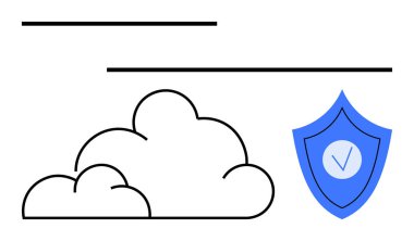 Üzerinde veri güvenliğini, güvenliğini, güvenilirliğini, depolamayı ve güveni sembolize eden bir işaret olan mavi kalkanlı bir bulut. Siber güvenlik, dijital yönetim, güvenli erişim, bulut hesaplama için ideal
