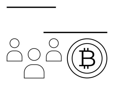 Bitcoin logosu yakınlarında üç figürün minimalist tasarımı. Kripto para birimi, takım çalışması, ademi merkeziyet, engelleme teknolojisi, finansal yenilik, topluluk, çevrimiçi ekonomi için ideal. Düz basit