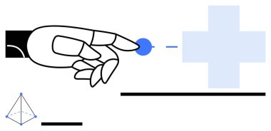 Robotik el, geometrik piramit ve asgari soyut formlarla tıbbi artı sembolün yanındaki mavi noktaya dokunur. Teknoloji, sağlık, yenilik, yapay zeka, robot bilimi, bağlantı, basit iniş için ideal