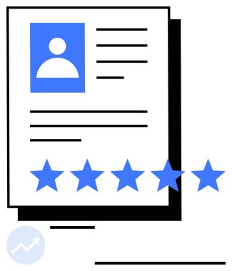 Avatar ve metin satırlarının yer aldığı belge, beş yıldızlı bir derecelendirme ve bir büyüme ok ikonu ile vurgulandı. Performans gözden geçirme, değerlendirme, değerlendirme, kariyer büyümesi, HR araçları, kalite