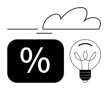 Yüzde sembolü, ampul ve bulut resimleme finansal kavramları, yaratıcı düşünce, yenilik ve gelecek tahminleri. Finans, strateji, sorun çözme ve beyin fırtınası büyümesi için ideal