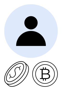 Dolar ve bitcoin bozukluklarının üzerindeki kullanıcı profili simgesi, finans, para birimi, kullanıcı kimliği ve dijital ödemeyi sembolize ediyor. Finans, kripto para birimi, yatırım, dijital cüzdan kullanıcı ayarları için ideal