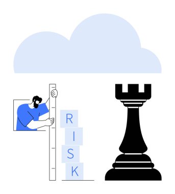 Satranç kalesi ve bulutun bitişiğindeki RISK etiketli istiflenmiş blokları ölçen adam. Strateji, karar verme, iş büyümesi, analitik, risk yönetimi, yenilik, basit iniş sayfası için ideal