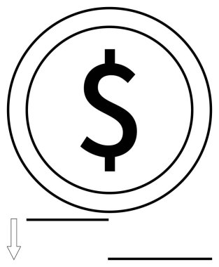 Yuvarlak çizginin içindeki dolar işareti, aşağıyı işaret eden ok, alım satım, bütçe veya tasarruf öneriyor. Finans, iş, yatırım, ekonomi ödeme bankacılığı için ideal