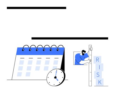 Sarmal bağlayıcı takvim, saat ve işaretlenmiş blokları ölçen kişi. Planlama, programlama, risk analizi, proje yönetimi, zaman izleme, verimlilik için ideal