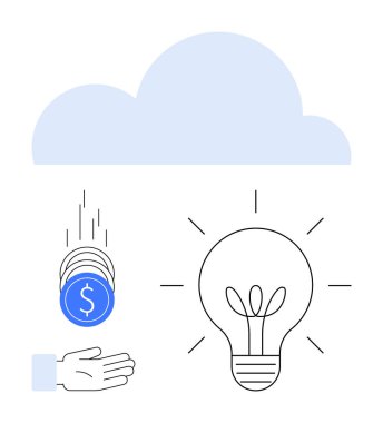 Elden düşen bozuk paralar, ışığı temsil eden fikirler, yukarıdaki mavi bulut. Yenilik, teknoloji, yatırım, girişim, enerji tasarrufu, basit iniş sayfasını finanse etmek için ideal