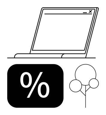 Açık ekranlı dizüstü bilgisayar, cesur yüzde işareti ve stilize ağaç çizgisi. İş, finans, çevrimiçi araçlar, eko-teknoloji, asgari tasarım kavramları, büyüme eğilimleri düz düz mecazlar için idealdir