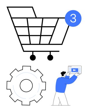 Öge sayımlı alışveriş arabası, özelleştirme için vites sembolü ve video içeriğini inceleyen kullanıcı. E-ticaret, teknoloji, otomasyon, çevrimiçi öğrenme, müşteri hizmetleri, basit öğretiler için ideal