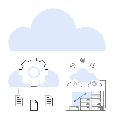 Dosyaları sunucu entegrasyonuna bağlayan bulut teçhizatı, kullanıcı simgeleri ve güvenli kilit görselleri. IT ağı, veri yönetimi, dijital depolama, teknoloji çözümleri, bulut güvenliği, sistem için ideal
