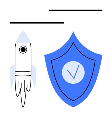 Roket fırlatma, işaretli kalkan, soyut çizgiler ilerlemeyi, korumayı, güvenilirliği simgeliyor. Teknoloji, yenilik, girişim, güvenlik süreci büyümesi için ideal basit iniş sayfası