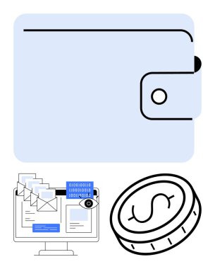 Dijital cüzdan, bilgisayar ekranında şifrelenmiş veri ve sanal para. Finans, teknoloji, güvenlik, kripto para birimi, çevrimiçi işlemler, dijital cüzdanlar için ideal