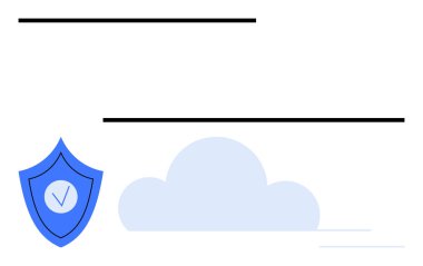 Bulut grafiğinin yanındaki işaretli mavi kalkan güvenli bulut hesaplamasını işaret ediyor. Siber güvenlik, bulut depolama, veri şifreleme, koruma, bilgi güvenliği, bilişim çözümleri, basit iniş için ideal