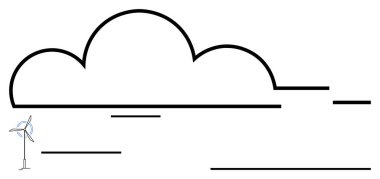 Rüzgar türbini geniş çizgili bir bulutun altında stilize rüzgar akış çizgileriyle. Yenilenebilir enerji, sürdürülebilirlik, çevre koruma, temiz enerji, rüzgar enerjisi, ekolojik bilinçli çözümler için ideal