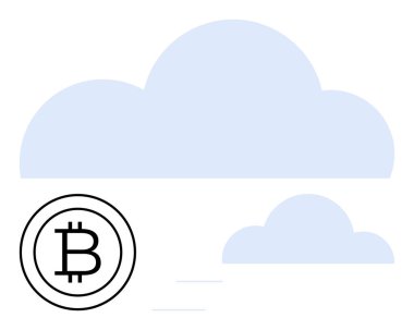 Üst üste binen bulutların yakınındaki Bitcoin logosu blok zinciri, dijital para birimi ve sanal depolama çözümlerini temsil ediyor. Kripto para birimi, finans, teknoloji, veri yönetimi ve bulut hesaplama için ideal