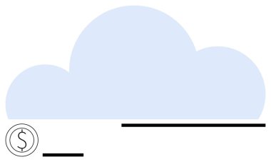 Çemberin içinde belirgin bir dolar işareti olan büyük mavi bulut ve yanında yatay siyah minimalist çizgiler var. Bulut hesaplama, finans, teknoloji, iş, veri depolama, yenilik için ideal