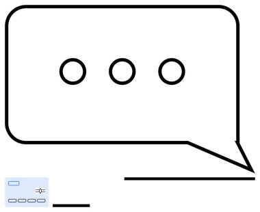 Üç noktalı konuşma balonu bir daktilo göstergesi olduğunu gösteriyor, iletişimi vurguluyor. İdeal ileti, konuşma, sohbet desteği, geri bildirim, çevrimiçi etkileşim, dijital iletişim, basit