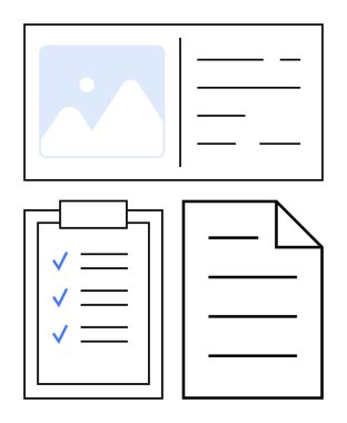 Bir fotoğraf tutucu ile şebeke düzeni, mavi işaretli kontrol listesi ve bir belge taslağı. Proje planlaması, organizasyon, iş akışı, raporlama, iletişim, içerik yönetimi dairesi için ideal