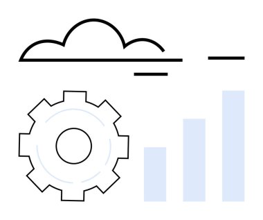 Bir dişlinin üstündeki bulut anahatları ve yükselen çubuk grafiği veri analizi, bilgisayar ve sistem entegrasyonunu temsil eder. Teknoloji, iş, yenilik, analitik, çözümler, optimizasyon için ideal basit