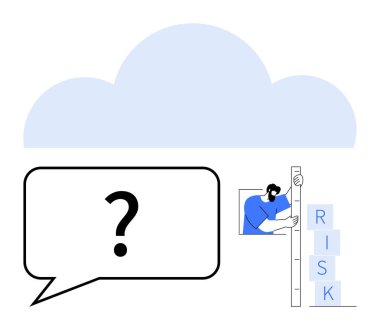 Yüksekliği ölçerken RISK etiketli bloklar yerleştiren kişi, soru işaretli konuşma balonu, yukarıdaki bulut. Karar verme, strateji, risk yönetimi, bulut hesaplama ve planlama için ideal
