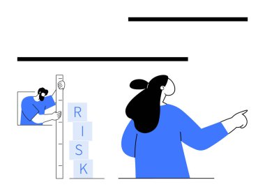 Risk bloklarını cetvelin üzerine yığan bir kişi, ileri bakan bir diğeri. İş stratejisi, takım çalışması, planlama, liderlik, ileri görüşlü, hedefler, basit iniş sayfası için ideal