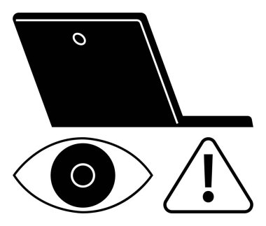 Göz ve dikkat üçgeni simgeleriyle bilgisayarı aç. Veri gizliliğini, siber güvenliği ya da tetikte olmayı sembolize ediyor. Çevrimiçi güvenlik kampanyaları, izleme bilinci, gizlilik araçları ve teknoloji rehberleri için ideal