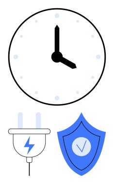 Zamanı temsil eden saat, yıldırımlı elektrik prizi enerjiyi simgeler, kontrol işaretli kalkan da korumayı simgeler. Enerji verimliliği, zaman yönetimi, güvenilirlik ve güvenlik için ideal