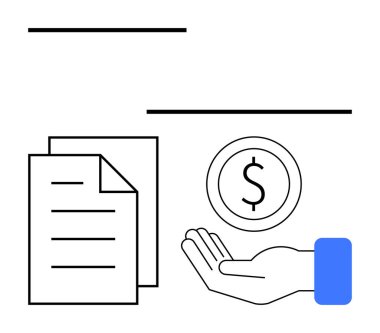 Dolar sikke ile uzatılmış. İşlemleri, anlaşmaları, ekonomiyi simgeleyen dokümanlar istiflenmiş. Basit bir iniş sayfası için finans, yatırım, iş, tasarruf, ödeme sistemleri bütçesi için ideal