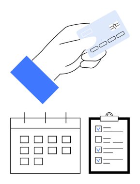 El ele tutuşan kredi kartı, işaretli tarihli takvim, tamamlanmış görevleri olan kontrol listesi. Finans, programlama, görev yönetimi, bütçe, e-ticaret, organizasyon için ideal