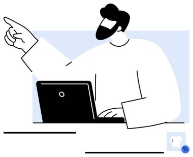 Masada oturan bir adam dizüstü bilgisayarda çalışıyor, sağ eliyle dışa bakıyor. Liderlik, yön, teknoloji, eğitim, rehberlik, e-öğrenme için ideal. Düz basit metafor