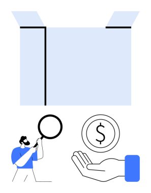 Kutuyu aç ve büyüteçle inceleyen bir kişi var. El ele tutuşan bir dolar. E-ticaret, bütçe, lojistik, iş planlaması, ürün değerlendirmesi, maliyet analizi, basit iniş için ideal