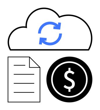 Senkronize oklar, belge sayfası ve veri yedeklemesi, mali yönetim ve dijital işlemleri gösteren dolar paralarıyla bulut. Teknoloji, finans, bulut hizmetleri, tasarruf işi için ideal