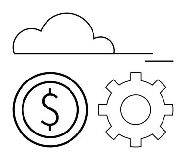 Bulut şekli, dolar parası ve teçhizat ana hatları teknolojiyi, finansal sistemleri ve işletim süreçlerini simgeliyor. Fintech, yenilik, bulut hesaplama, otomasyon stratejisi verileri için ideal