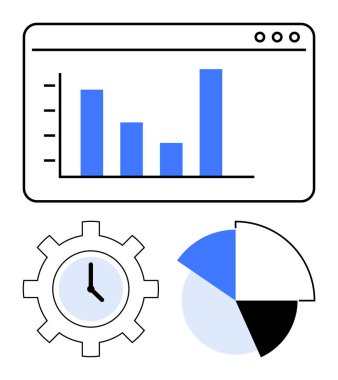 Çubuk grafikli etkileşimli pencere paneli, verimliliği sembolize eden vites saati ve pasta grafiği bozulması. İş için ideal, analitik, üretkenlik, zaman yönetimi, planlama, istatistik sade
