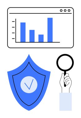 Tarayıcı penceresindeki çubuk çizelgesi mavi kalkanın üzerinde, işaretli ve elinde büyüteçle. Siber güvenlik, gizlilik, veri analizi, kimlik doğrulama, araştırma, iş, basit iniş için ideal