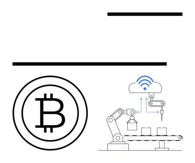 Robot kol montajının yanında Bitcoin sembolü, kablosuz sinyali olan bulut simgesi. Engelleme zinciri, kripto para birimi, otomasyon, loto, fintech, teknolojik yenilik grafikleri için ideal. Düz basit