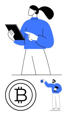 Tablet tutan kadın, şifreli para birimini sembolize eden Bitcoin simgesi ve dijital para biriktiren adam. Fintech, kripto ticareti, engelleme zinciri, çevrimiçi yatırım, teknoloji, dijital ekonomi dairesi için ideal