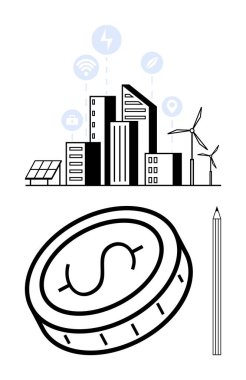 Şehir binaları, rüzgar türbinleri, güneş panelleri, birbirine bağlı teknoloji ikonları, dolar paraları, kalem. Akıllı şehir için ideal, sürdürülebilirlik, yenilenebilir enerji yenilik teknolojisi basit iniş