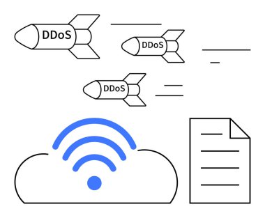 Mavi sinyal dalgaları ve belge simgesi olan DDoS füzeleri bulut ağına doğru geliyor. Siber güvenlik, saldırı önleme, savunma stratejisi, veri koruması, İnternet tehdidi için ideal