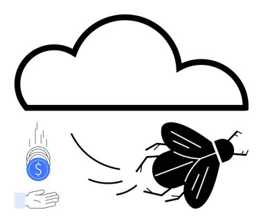 Bulut taslağı, madeni paranın ele düşmesi ve kayıp fırsatları, finansal kaçışı, çevrimiçi işi veya kaynak yönetimini simgeleyen hareket halindeki bir sinek. Finans ve iş bulutu kullanımı için ideal