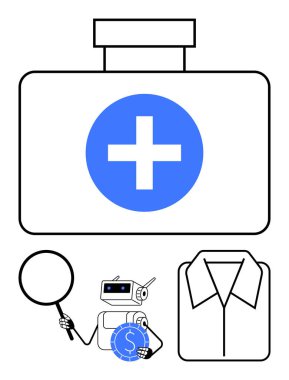 Robot madeni parayı büyüteçle kontrol eder, tıbbi malzemelerin yanına haç ve gömlek yerleştirir. Sağlık, finans, teknoloji, otomasyon, perakende, analiz maliyet verimliliği için idealdir. Düz basit