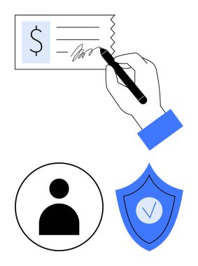 Onay, güvenlik, mali işlemler, güven, kimlik doğrulama, ödeme ve güvenli dijital hizmetleri sembolize eden bir çek, kullanıcı simgesi ve kalkanı elle imzalamak. İdeal