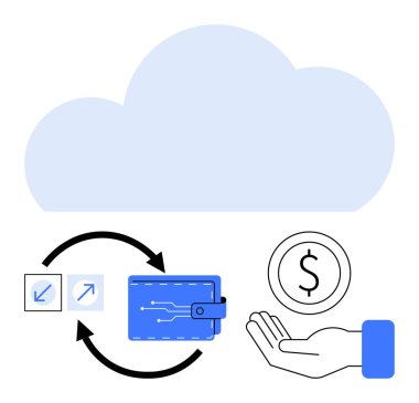 Mavi dijital cüzdanın üstünde bulut, el ele tutuşan oklar. Fintech, bulut servisi, dijital ödeme, para transferi, online bankacılık, finansal uygulamalar için ideal