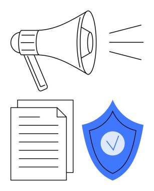 Ses dalgaları yayan megafon, bir yığın belge ve işaretli mavi kalkan. Kolay mesaj, güvenli uyum. İletişim, veri güvenliği, güven, güvence anlaşmaları için ideal dijital